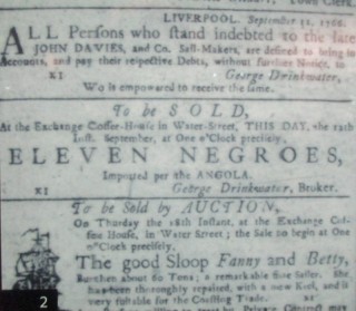 Annonce de vente d'escalve  Liverpool, 1766