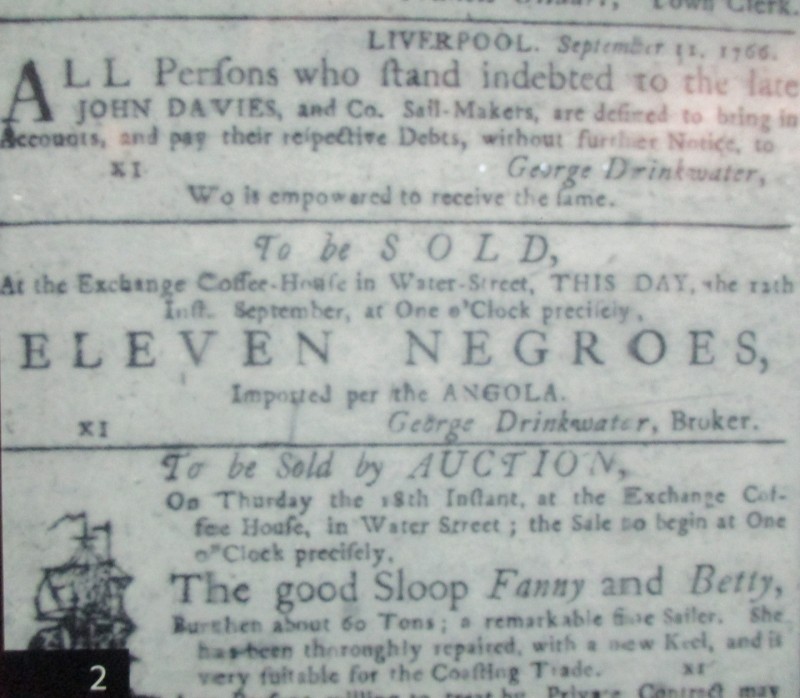 Annonce de vente d'escalve à Liverpool, 1766